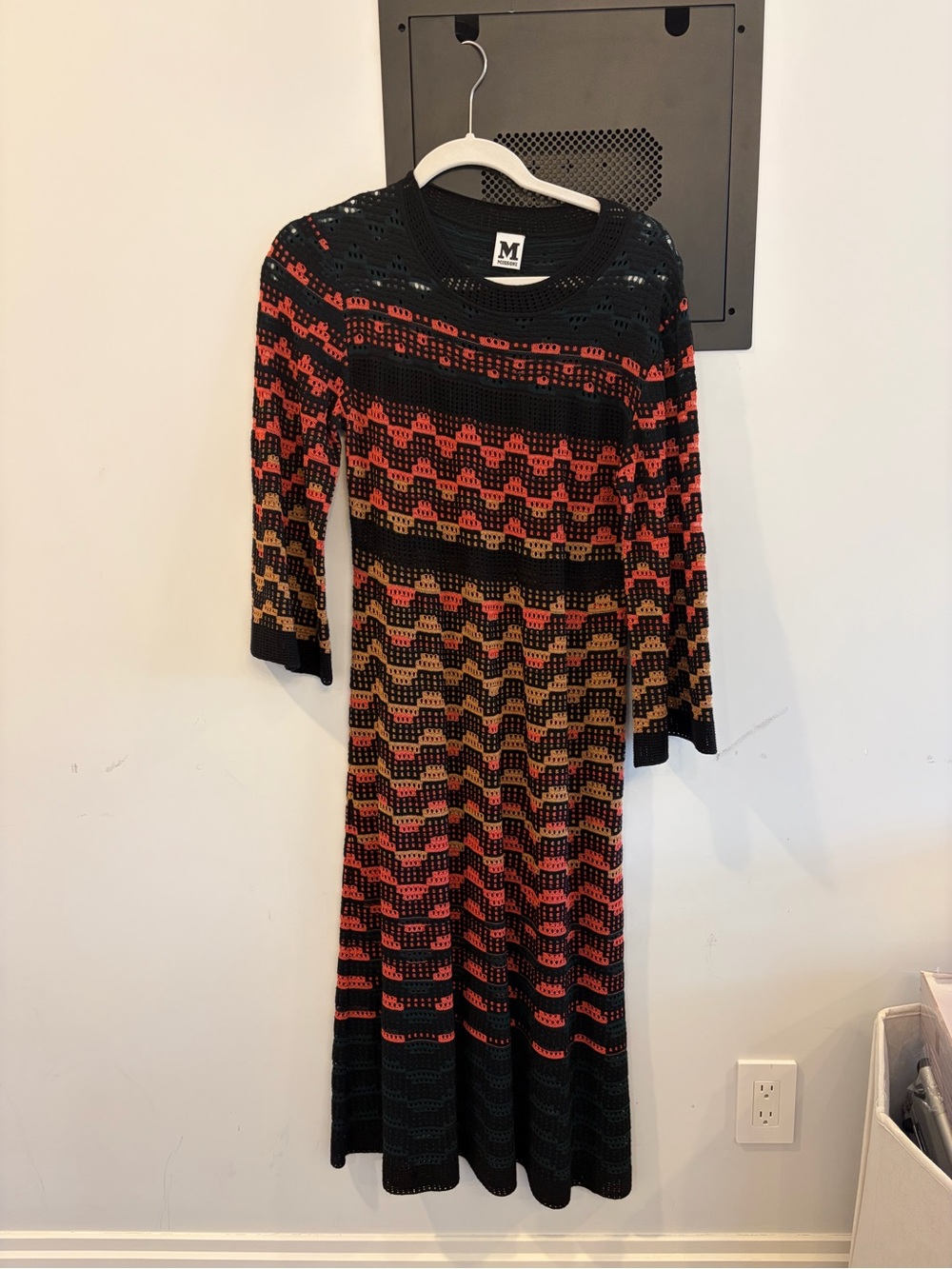 M by Missoni Black Red Orange Open-Knit Midi Dress